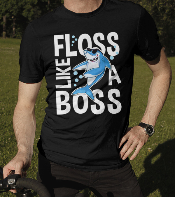Floss Like A Boss Shark Cartoon With Sunglasses And Bubbles T-Shirt