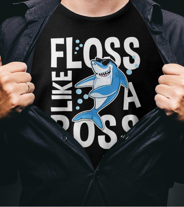 Floss Like A Boss Shark Cartoon With Sunglasses And Bubbles T-Shirt