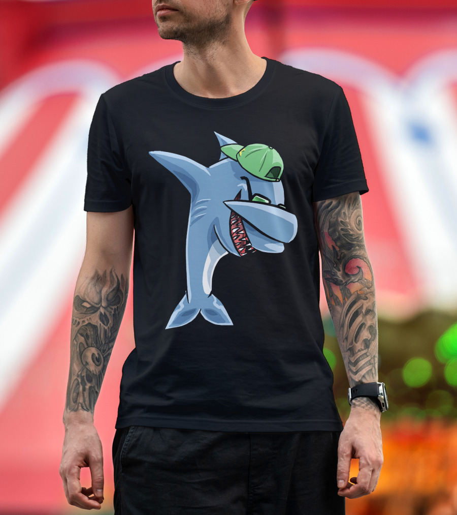 Funny Dabbing Shark Wearing Green Cap and Sunglasses T-Shirt