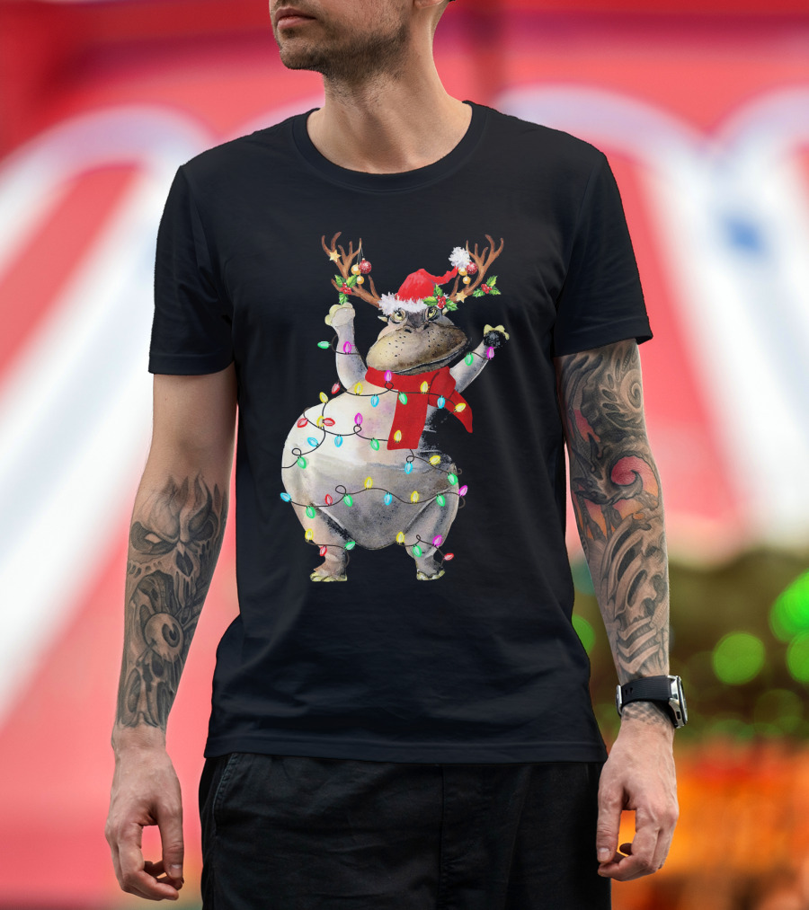 Hippopotamus in Santa Hat with Reindeer Antlers and Christmas Lights T-Shirt