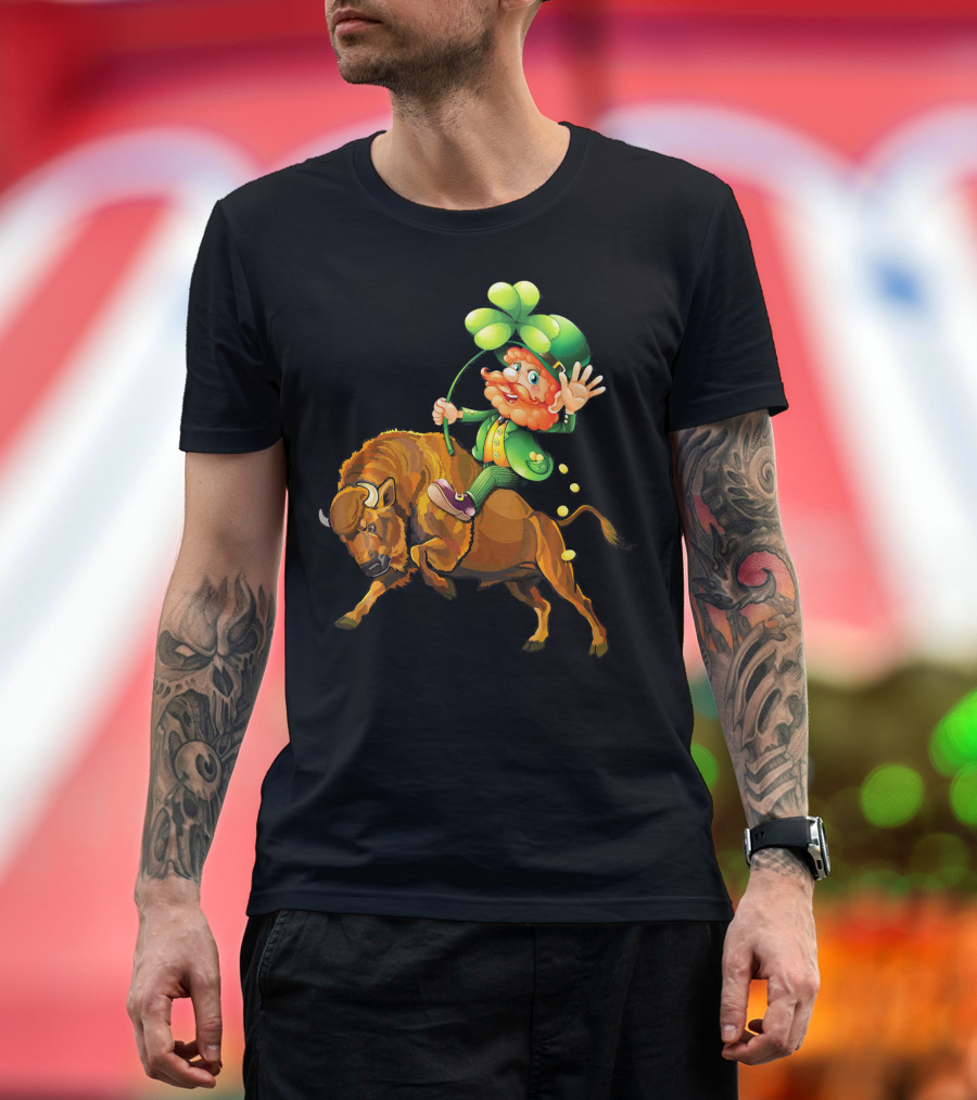 Leprechaun Riding Bison St Patrick's Day Shamrock T-Shirt