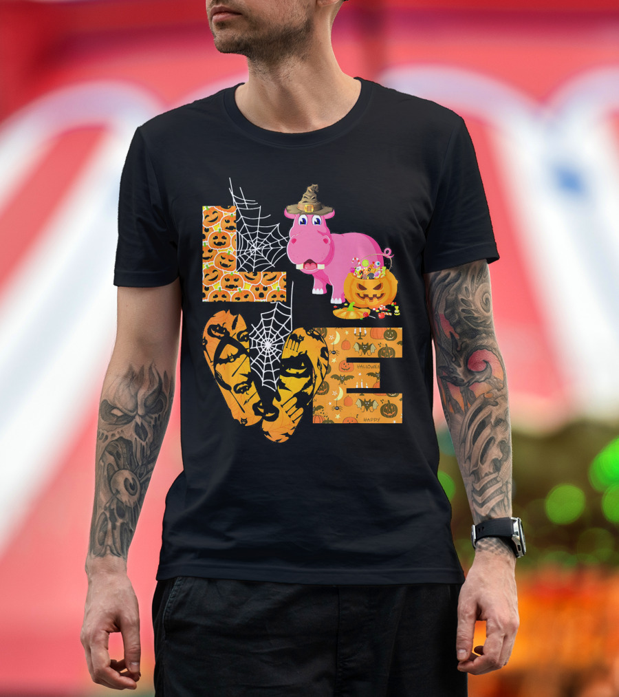LOVE Halloween Hippopotamus Pumpkin Spiderweb T-Shirt