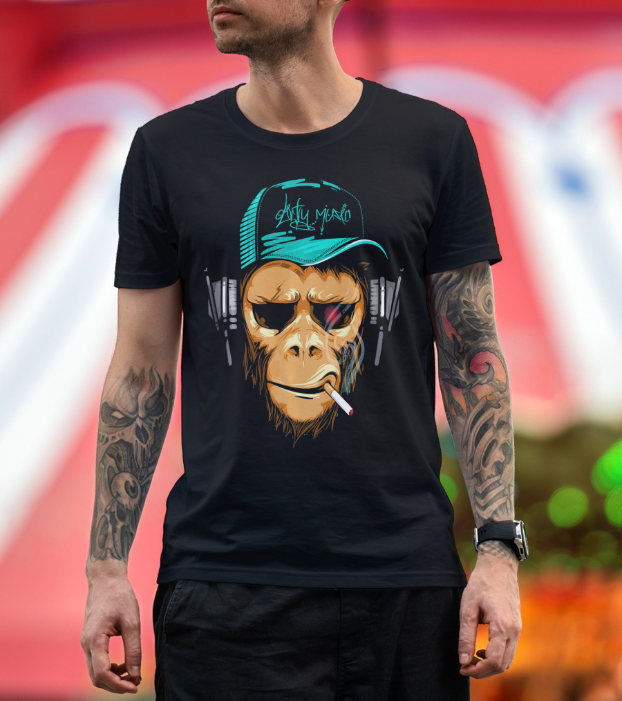 Nasty Music Hipster Monkey Wearing Headphones and Cap with Cigarette T-Shirt