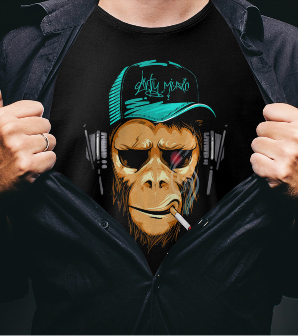 Nasty Music Hipster Monkey Wearing Headphones And Cap With Cigarette T-Shirt