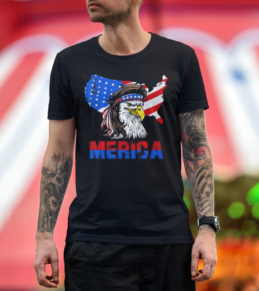 Merica Eagle Mullet Patriotic USA Map 4th of July T-Shirt