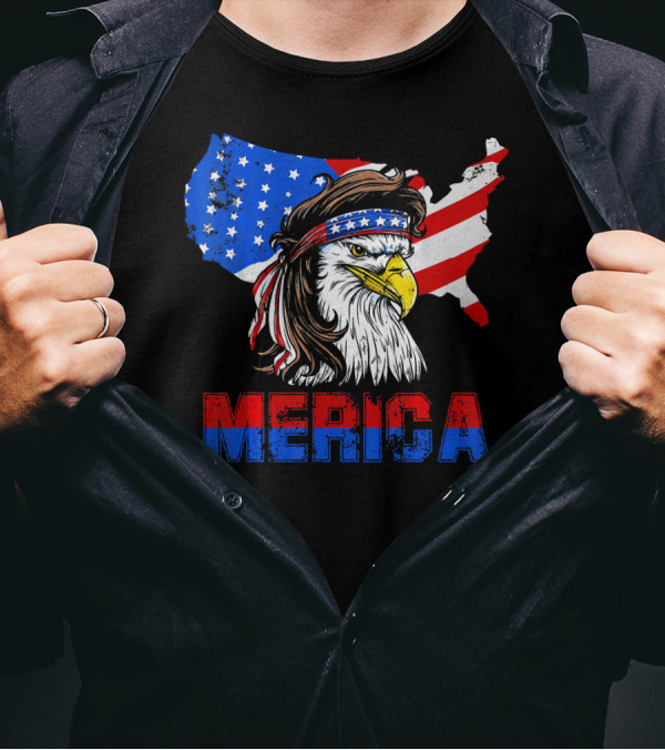 Merica Eagle Mullet Patriotic USA Map 4th Of July T-Shirt