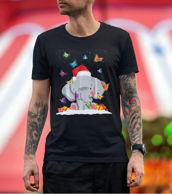 Premium T-Shirt: Lovely Elephant Christmas with Snow and Butterflies T-Shirt Lovely Elephant Christmas with Snow and Butterflies T-Shirt