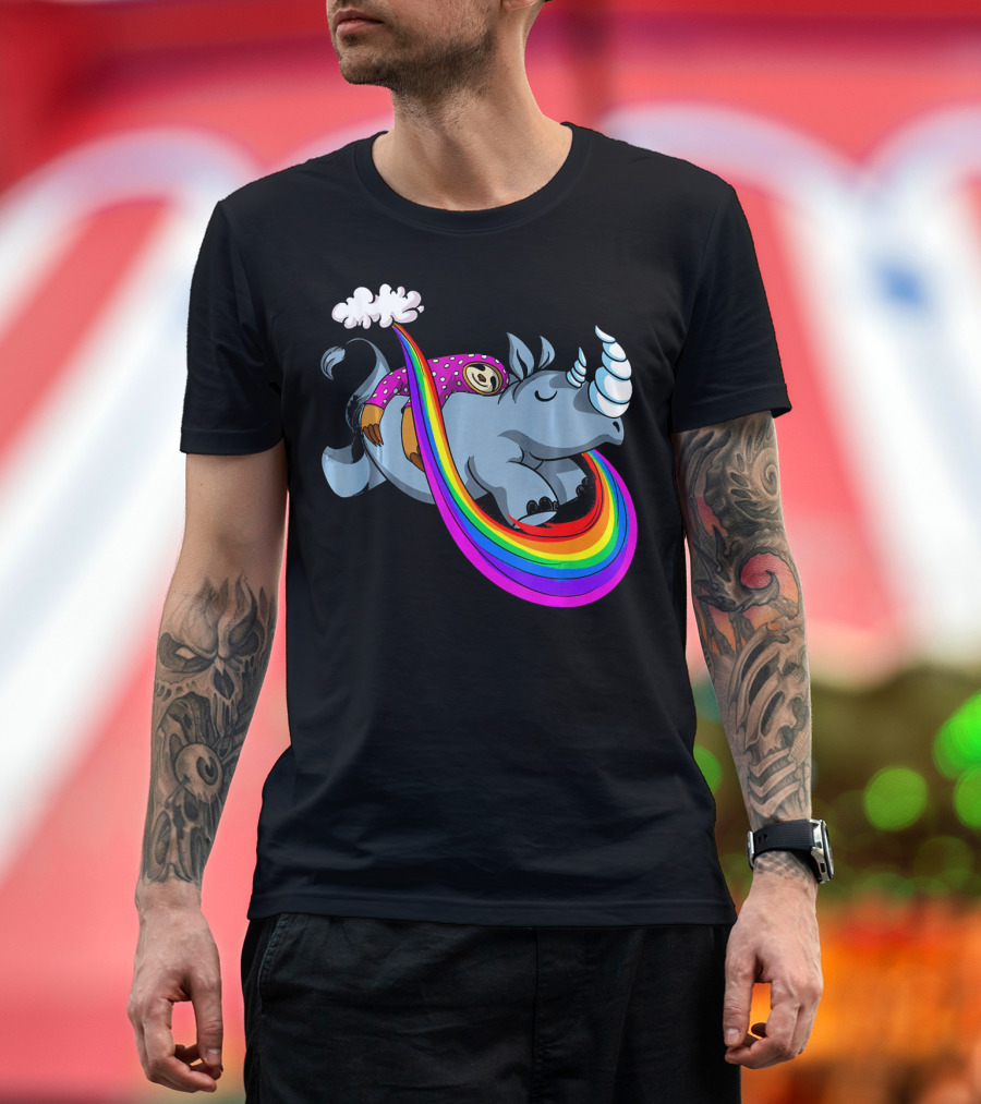 Lazy Cute Sloth Riding Chubby Rainbow Rhino T-Shirt