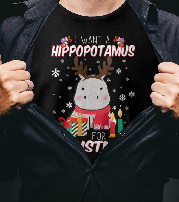I Want A Hippopotamus For Christmas With Reindeer Antlers And Presents T-Shirt