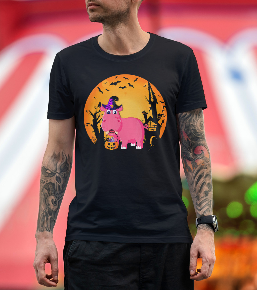 Halloween Hippopotamus Witch Hat Moon Bats Pumpkins Haunted House T-Shirt