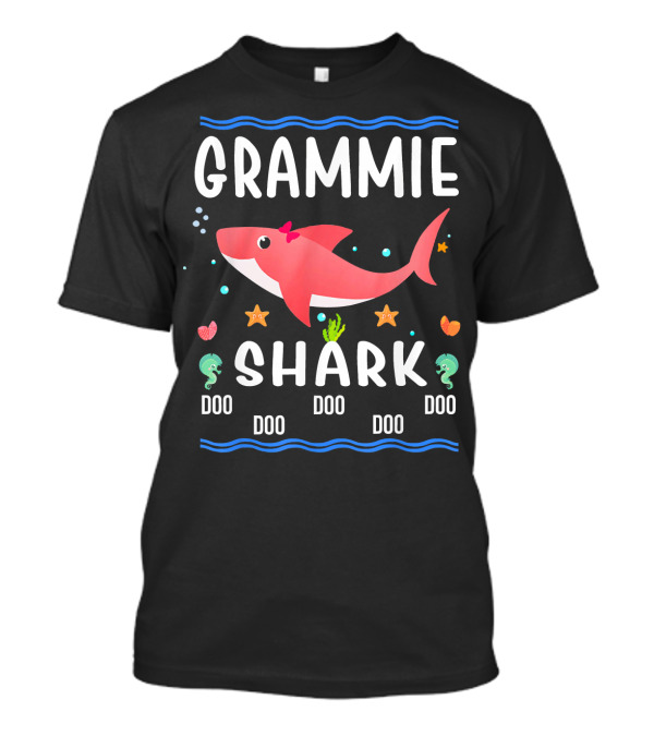 Grammie Shark Doo Doo Doo - Cute Pink Shark With Bow And Sea Creatures T-Shirt