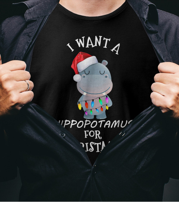I Want A Hippopotamus For Christmas Santa Hat Lights T-Shirt