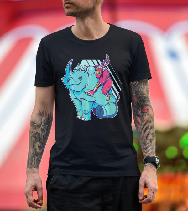 Premium T-Shirt: Ninja Riding a Rhino Fun Adventure on Blue Rhino T-Shirt Ninja Riding a Rhino Fun Adventure on Blue Rhino T-Shirt