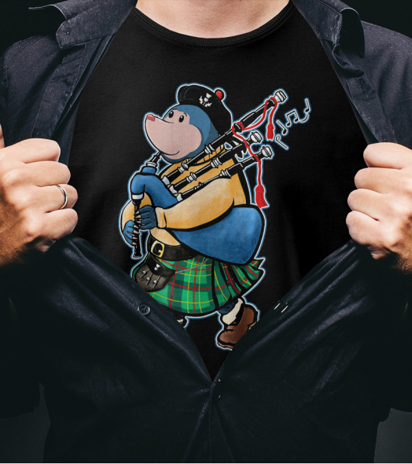 Scottish Mole Of Kintyre Playing Bagpipes In Tartan Kilt T-Shirt