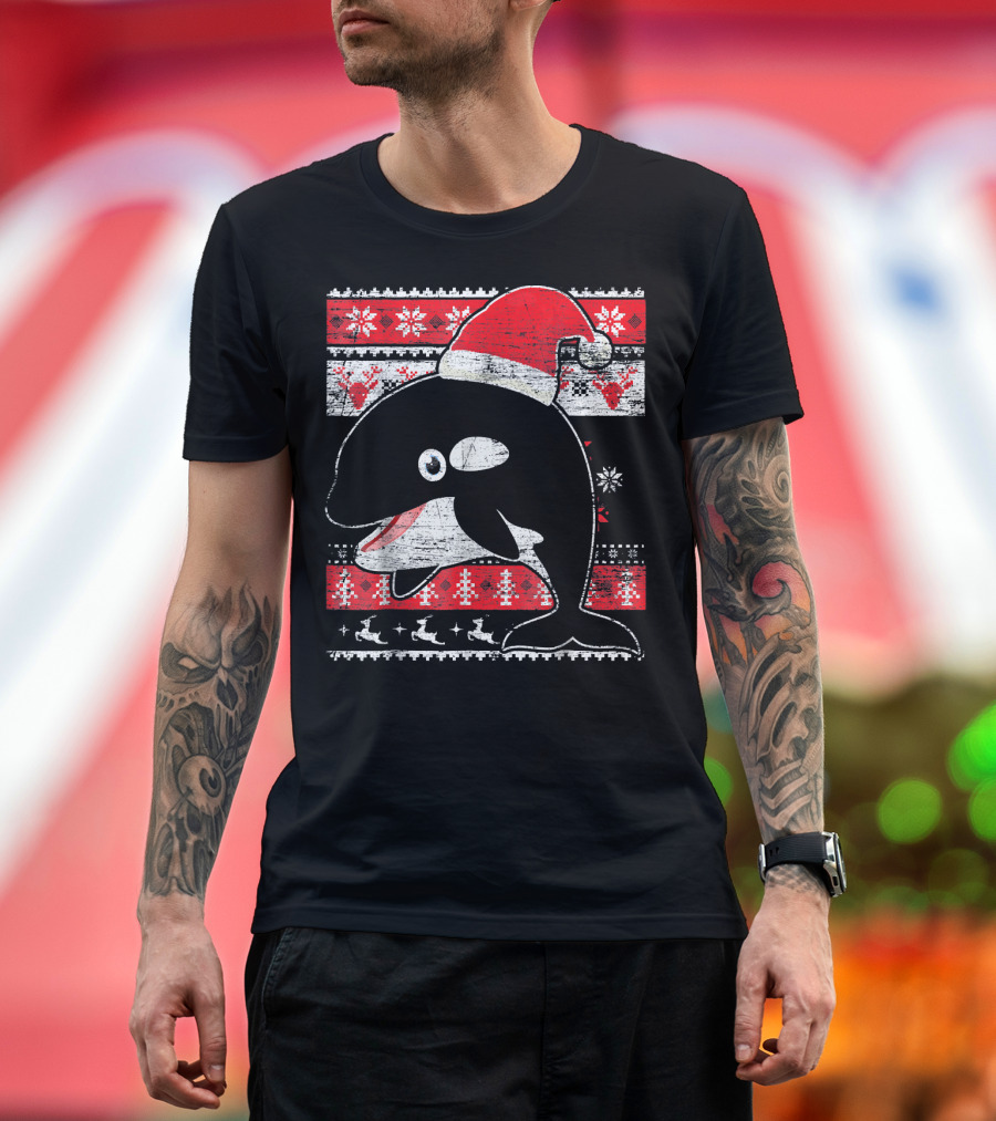 Ugly Christmas Orca Santa Hat Holiday Sweater Snowflakes and Reindeer T-Shirt