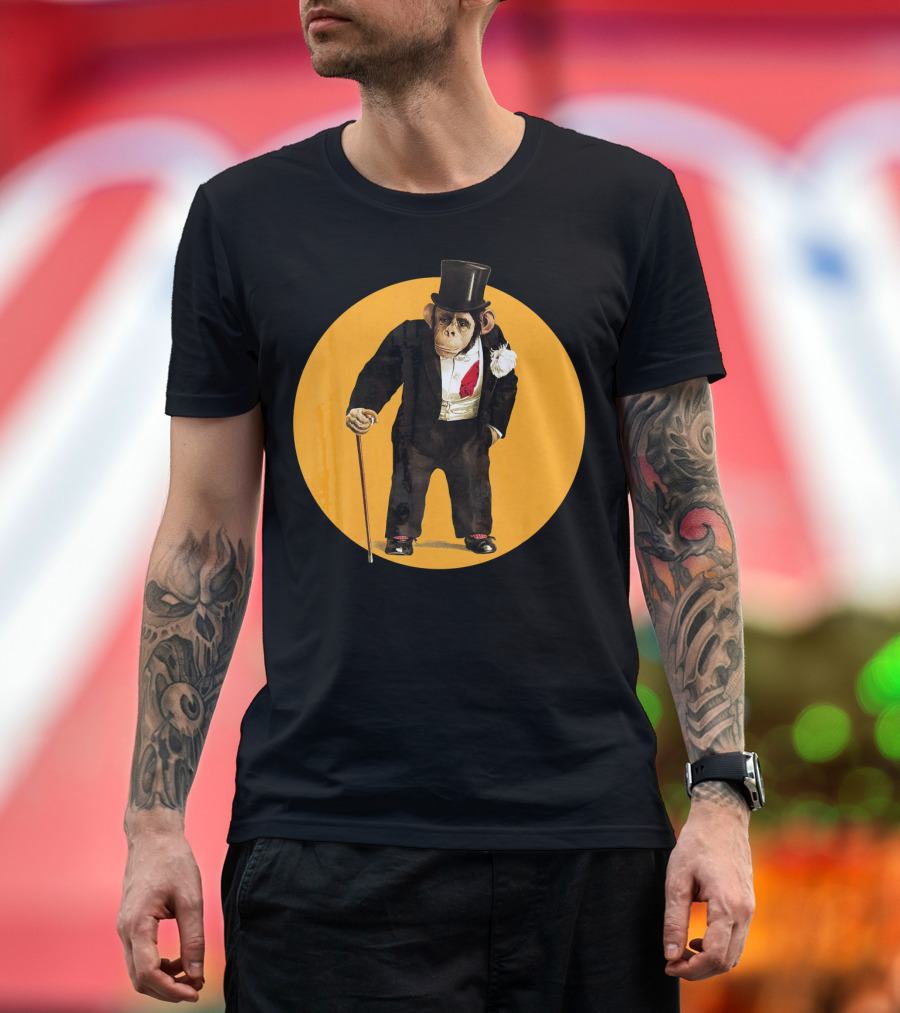 Chimpanzee in Top Hat and Suit with Cane Against Yellow Circle T-Shirt