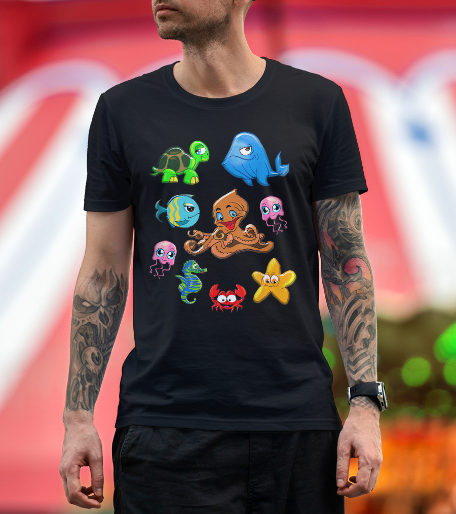 Sea Animals Whale Octopus Starfish Crab Turtle Fish Seahorse Jellyfish T-Shirt