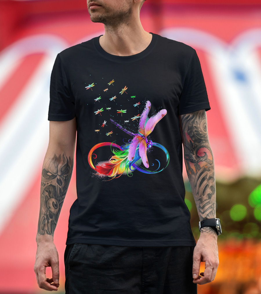 Tee89s Dragonfly Angels from Heaven with Rainbow Wings and Colorful Swirls T-Shirt