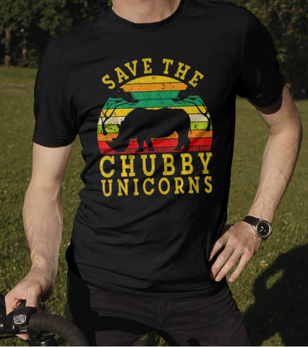Save The Chubby Unicorns Vintage Retro Sunset Rhino T-Shirt