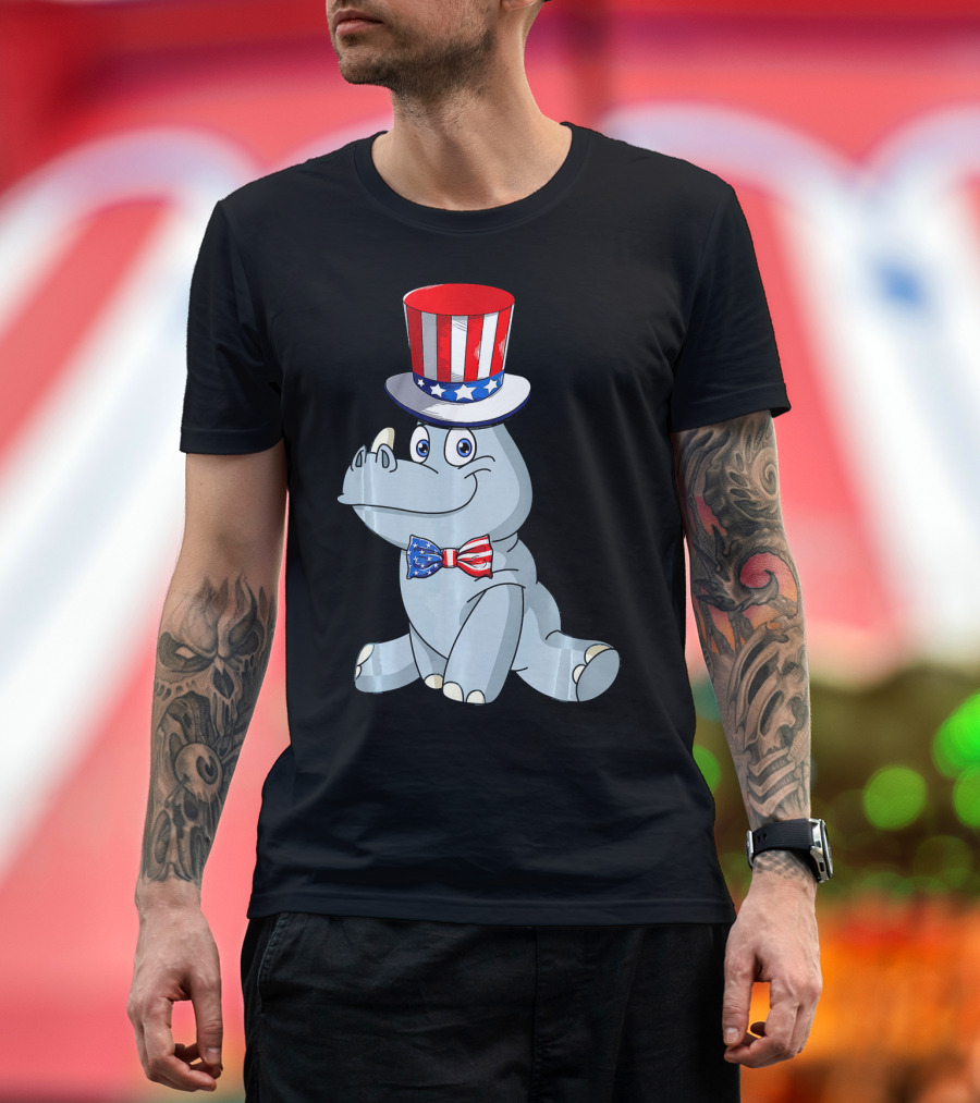 Patriotic Rhino Wearing American Flag Hat and Bow Tie T-Shirt