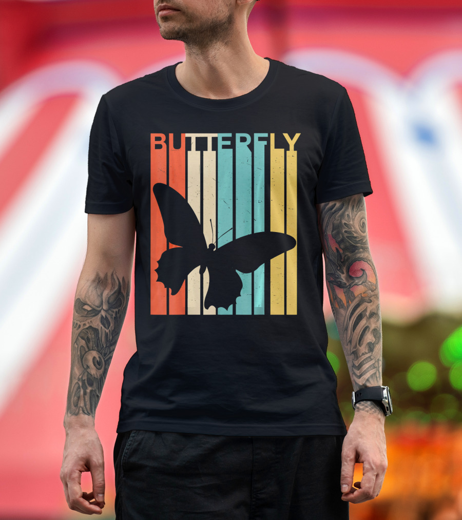 Retro Vintage Butterfly Silhouette with Colorful Stripes T-Shirt