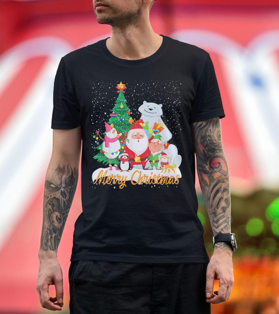 Merry Christmas Santa Claus Snowman Penguin Elf Tree and Polar Bear in Snow T-Shirt