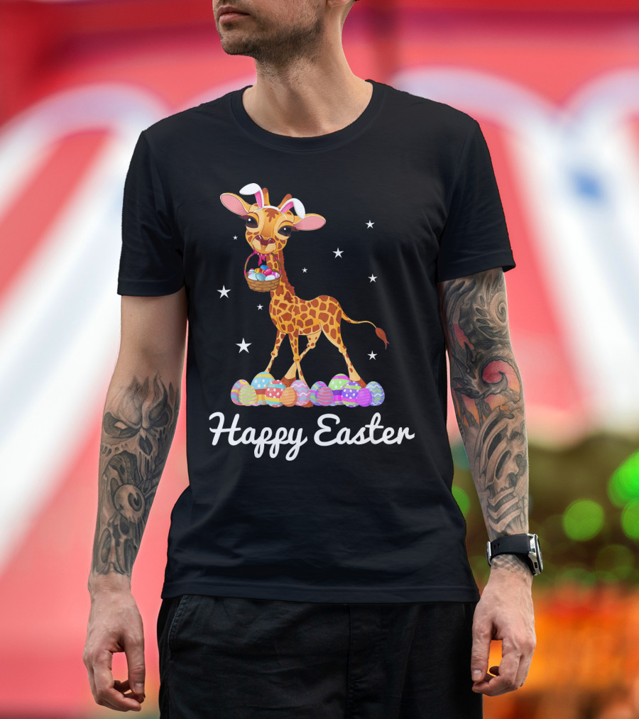 Happy Easter Cute Giraffe with Bunny Ears and Eggs T-Shirt
