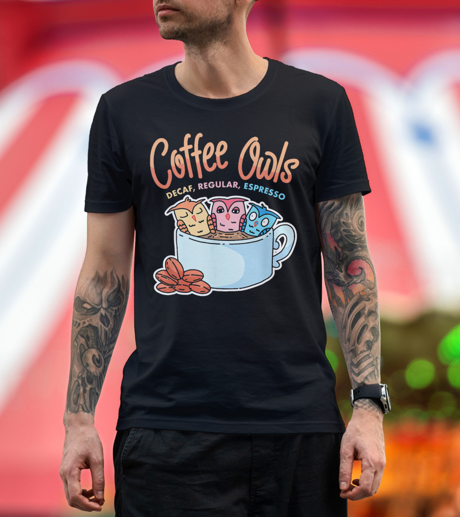 Coffee Owls Decaf Regular Espresso in Mug with Beans T-Shirt