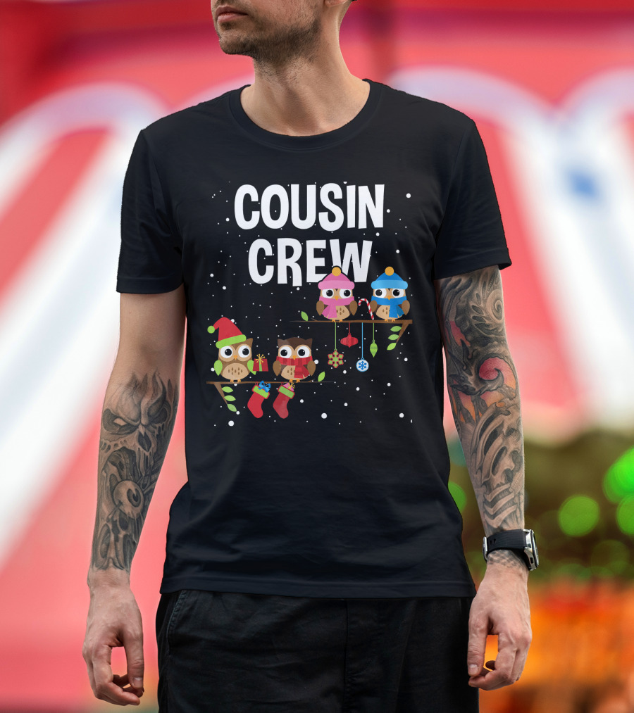 Cousin Crew Christmas Owls with Santa Hats Candy Canes and Stockings T-Shirt
