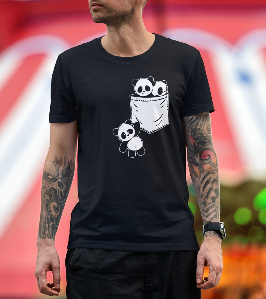 Cute Little Bear Panda Baby Pand Trio in Pocket T-Shirt