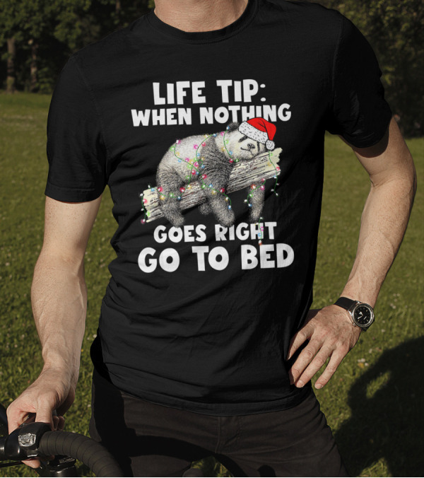 Life Tip When Nothing Goes Right Go To Bed Funny Panda In Christmas Lights T-Shirt