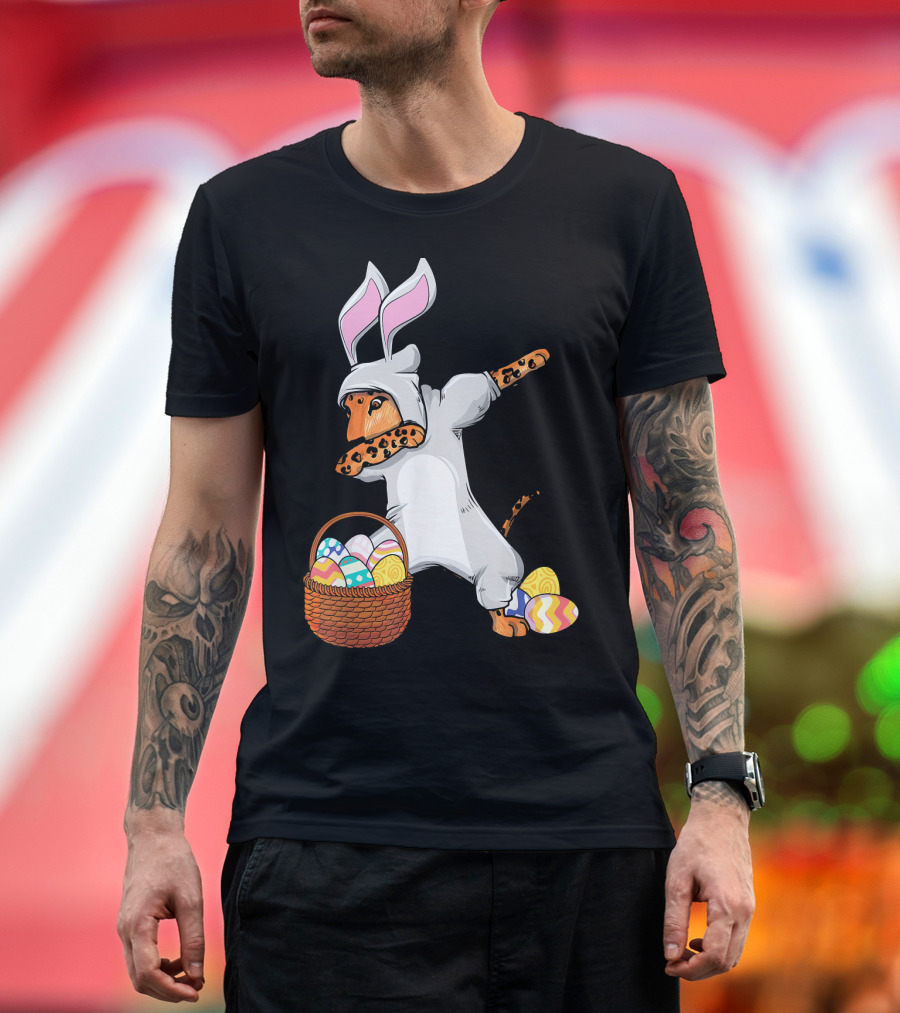 Dabbing Leopard in Easter Bunny Outfit with Basket of Eggs T-Shirt