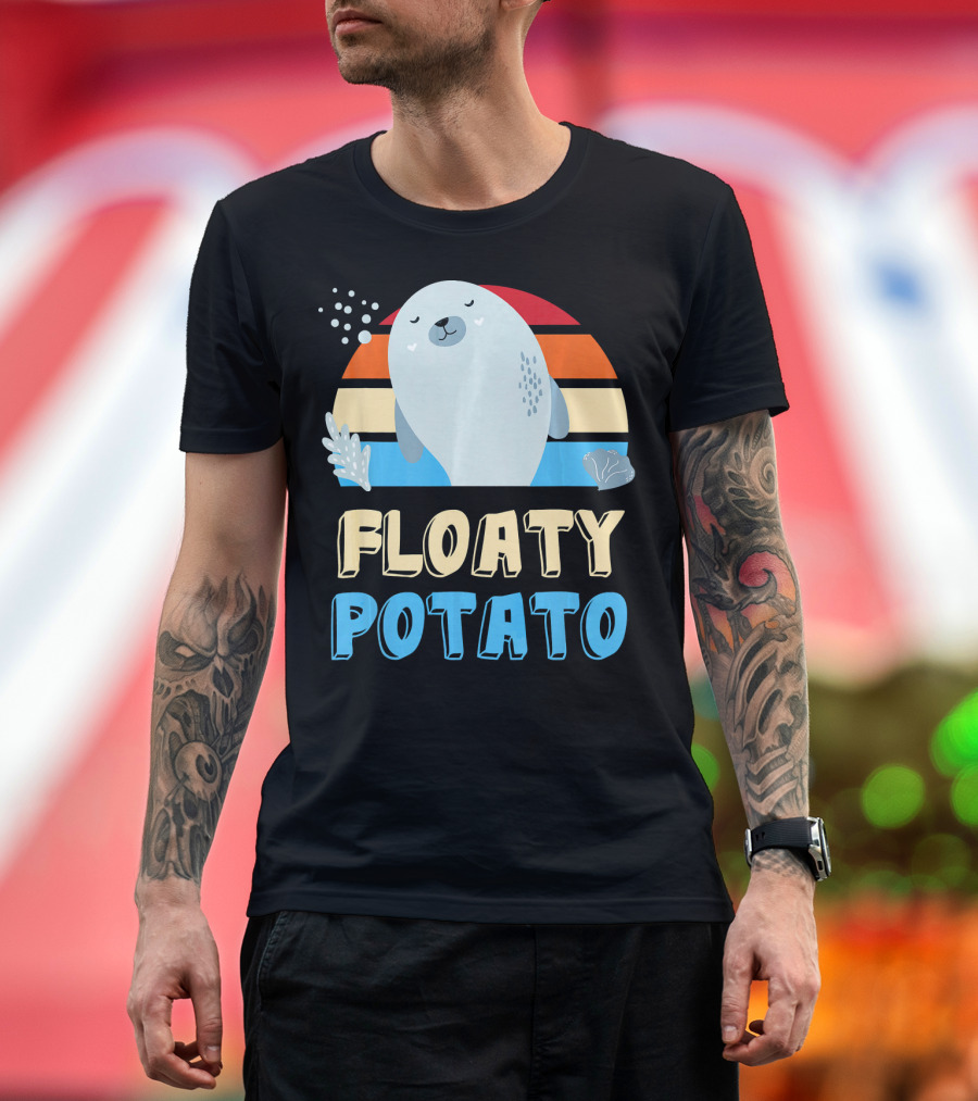 Floaty Potato Cute Funny Manatee Vintage Sunset Ocean Bubbles T-Shirt