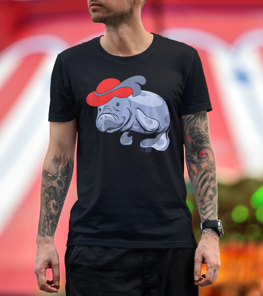 Funny Cute Manatee Sea Cow in Red Hat T-Shirt