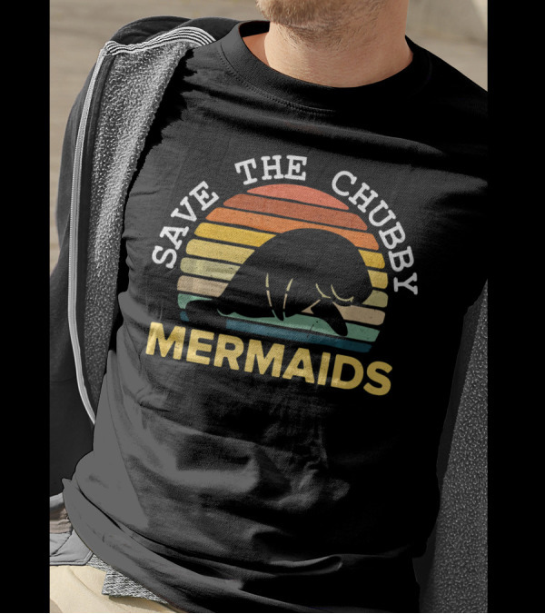 Save The Chubby Mermaids Manatee Retro Sunset T-Shirt
