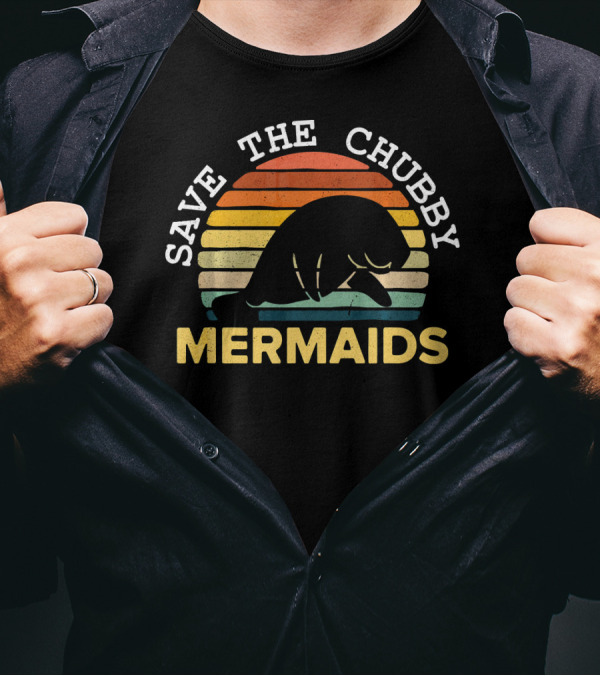 Save The Chubby Mermaids Manatee Retro Sunset T-Shirt