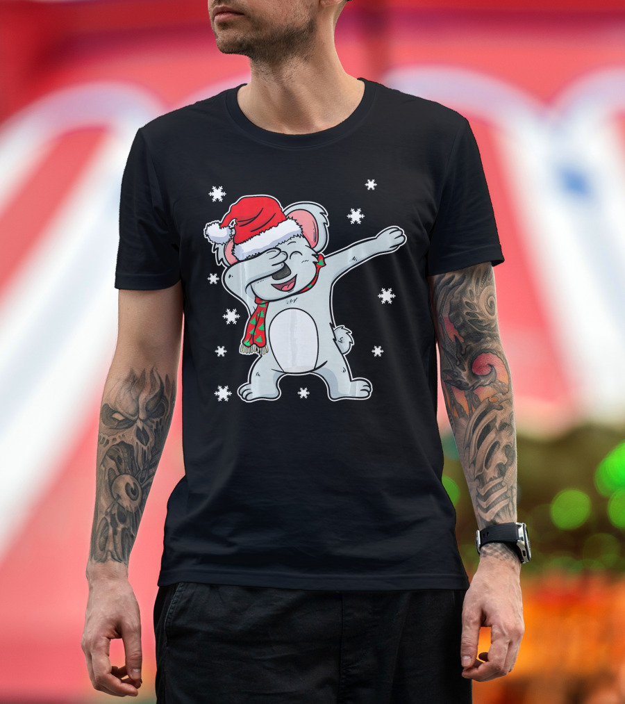 Festive Santa Hat Dabbing Dab Australian Koala Bear with Snowflakes T-Shirt