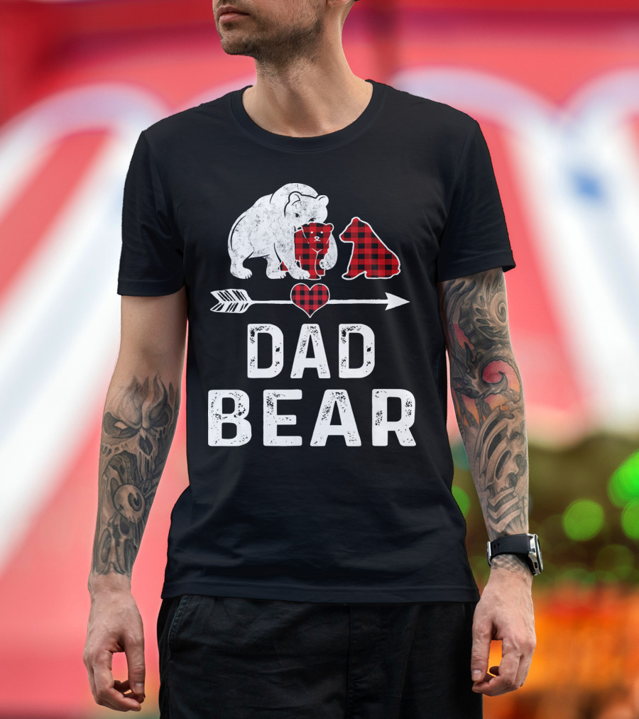 Dad Bear Red Plaid Buffalo Matching Arrow Heart T-Shirt