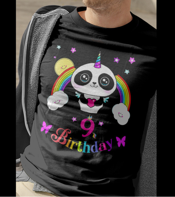 Funny Cool Hug Me Its My 9th Panda Birthday Rainbow Unicorn Panda T-Shirt