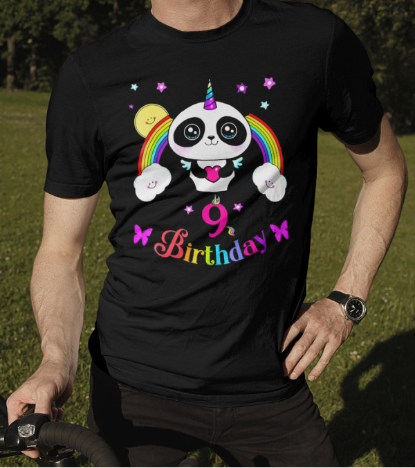 Funny Cool Hug Me Its My 9th Panda Birthday Rainbow Unicorn Panda T-Shirt