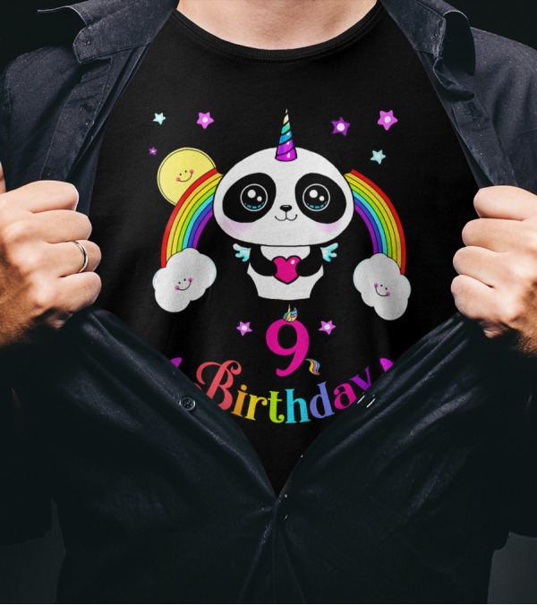 Funny Cool Hug Me Its My 9th Panda Birthday Rainbow Unicorn Panda T-Shirt