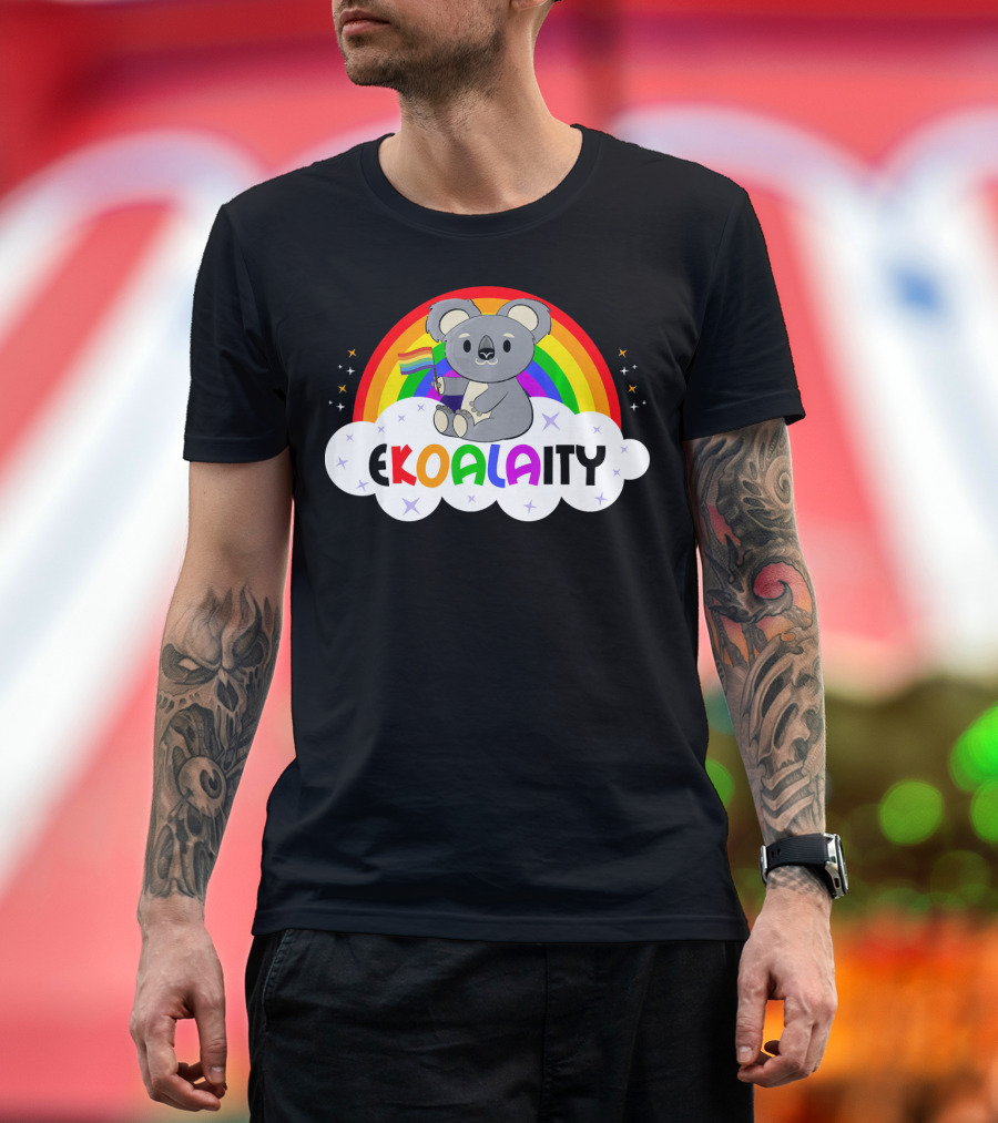 EKOALAITY Cute Koala Holding Rainbow Flag Cloud Background T-Shirt