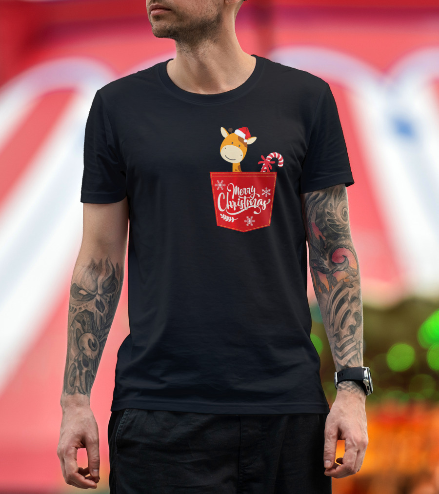 Merry Christmas Funny Giraffe Pocket with Santa Hat and Candy Cane T-Shirt