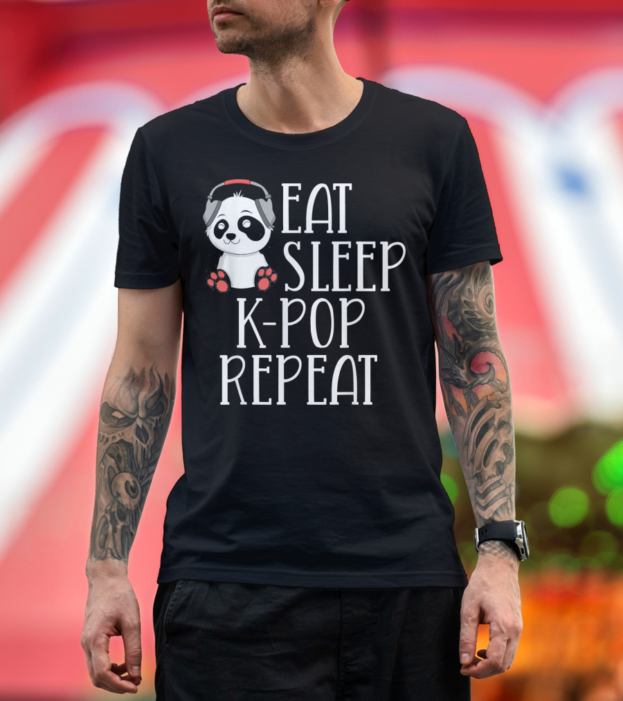 Eat Sleep K-Pop Repeat Cute Panda Headphones T-Shirt