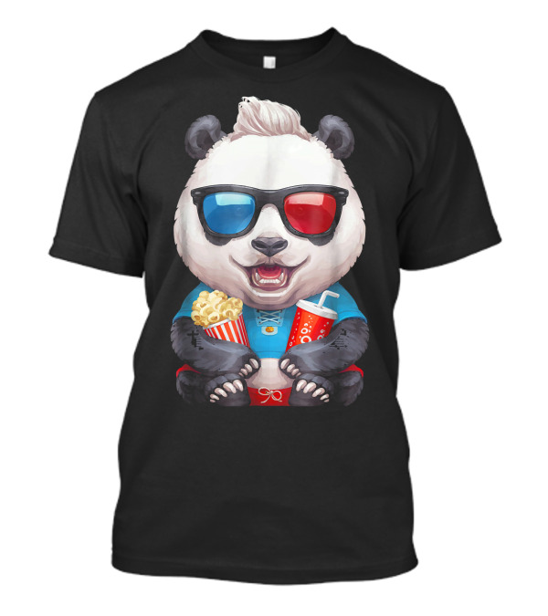 Happy Panda Enjoying A Movie With Popcorn And Drink In 3D Glasses T-Shirt