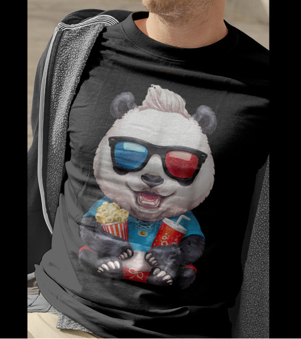Happy Panda Enjoying A Movie With Popcorn And Drink In 3D Glasses T-Shirt