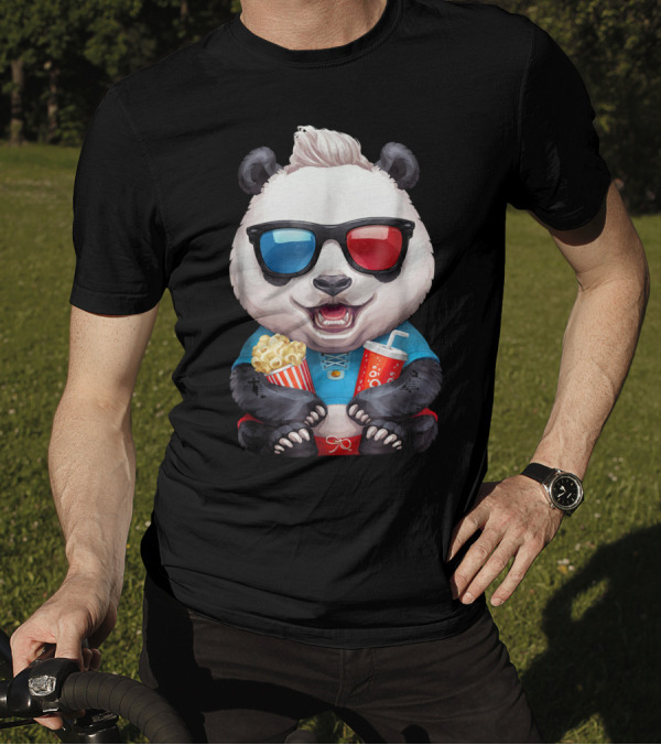 Happy Panda Enjoying A Movie With Popcorn And Drink In 3D Glasses T-Shirt