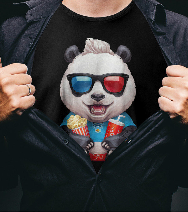 Happy Panda Enjoying A Movie With Popcorn And Drink In 3D Glasses T-Shirt