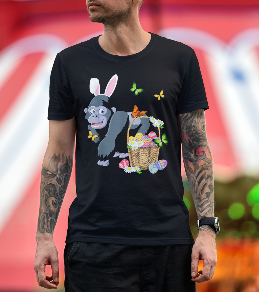 Gorilla Bunny Rabbit Easter Eggs Basket Butterflies T-Shirt