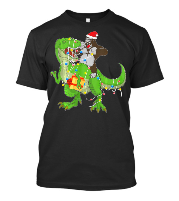 Gorilla Riding Dinosaur Rex Christmas Lights Santa Hat Present T-Shirt